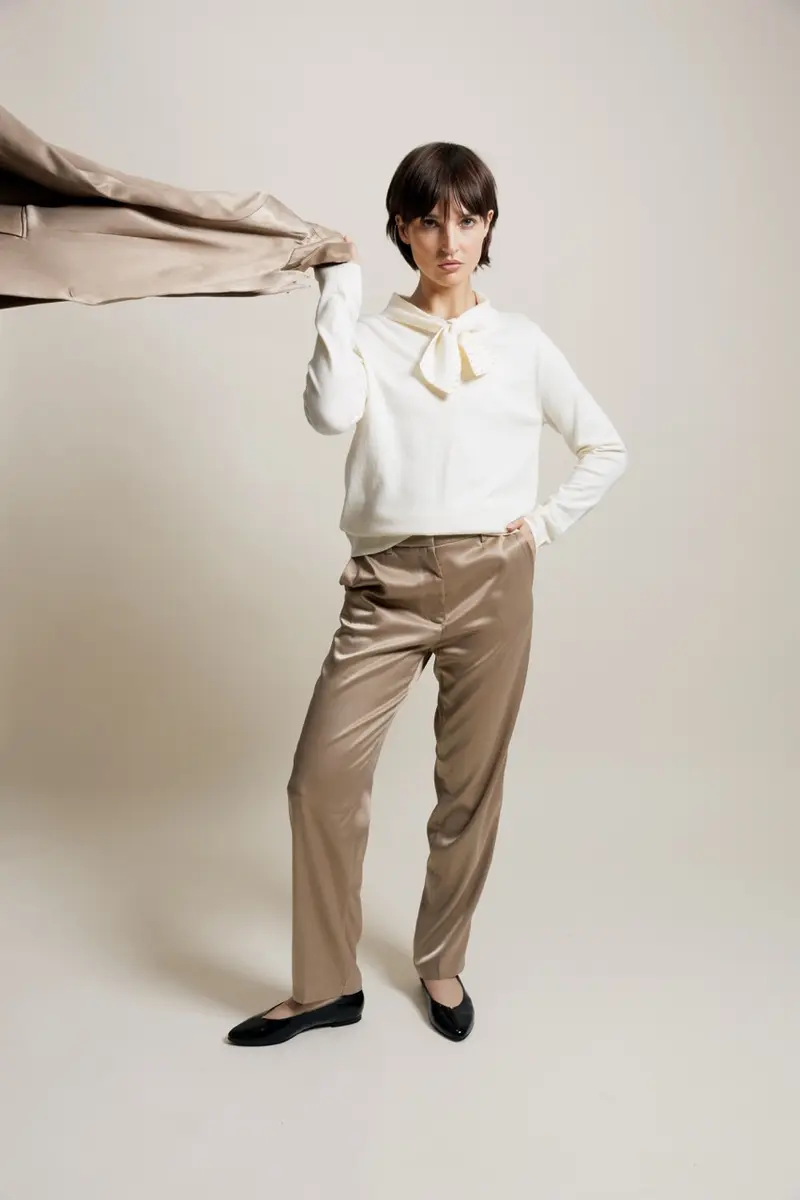 ORNELLA - Pantalon effet satin coupe droite beige