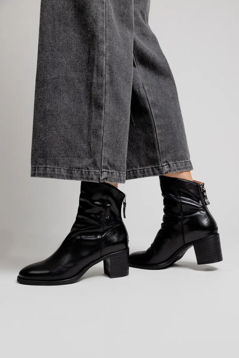 OXALYS - Bottines à Talon en Cuir Lisse Noir
