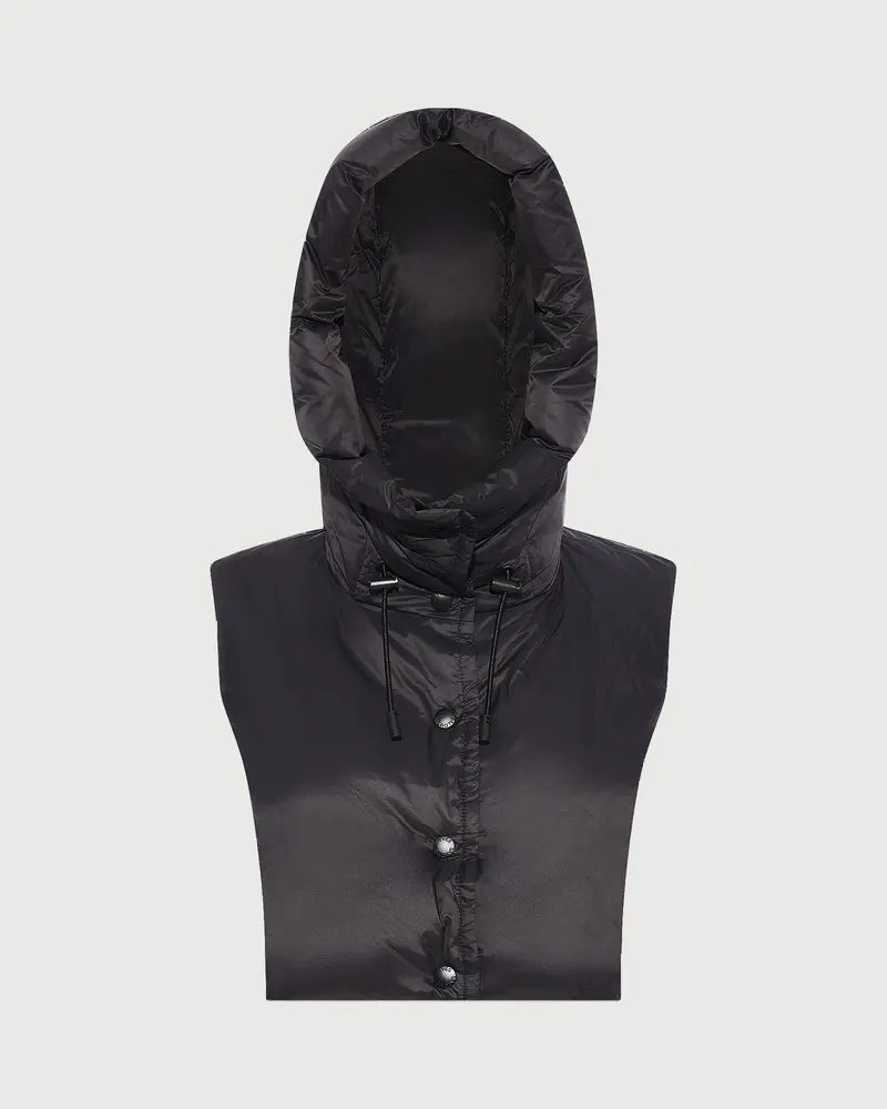 Padded hood bib in water-repellent technical fabric