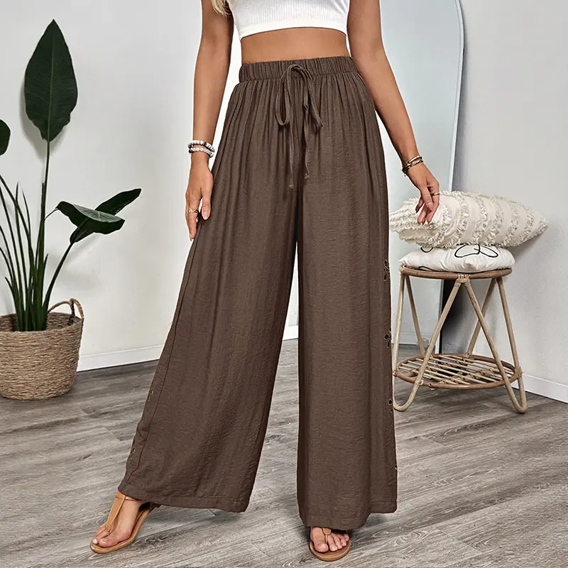 Pantalon Ample à Jambes Larges Brodé et à Lacets Style Casual