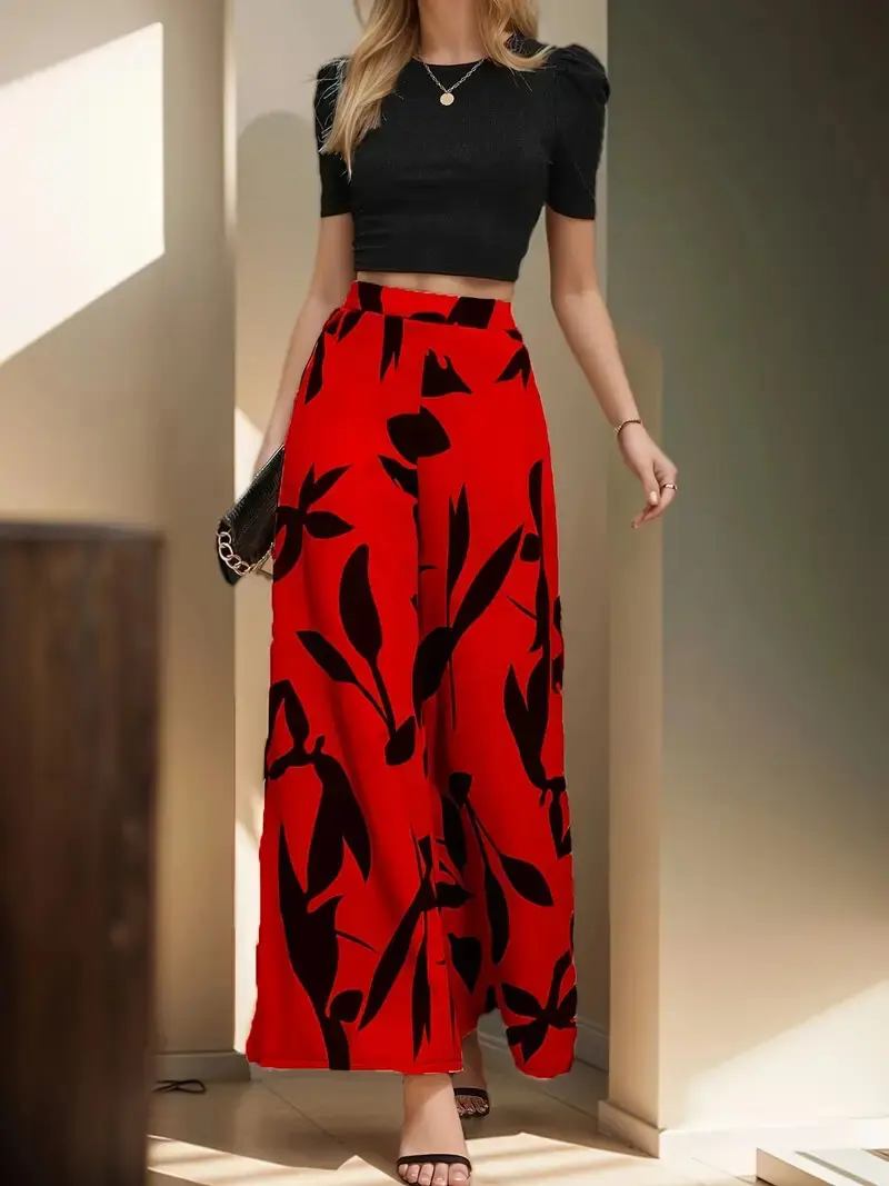 Pantalon Casual Taille Haute à Imprimé Feuilles et Jambes Larges