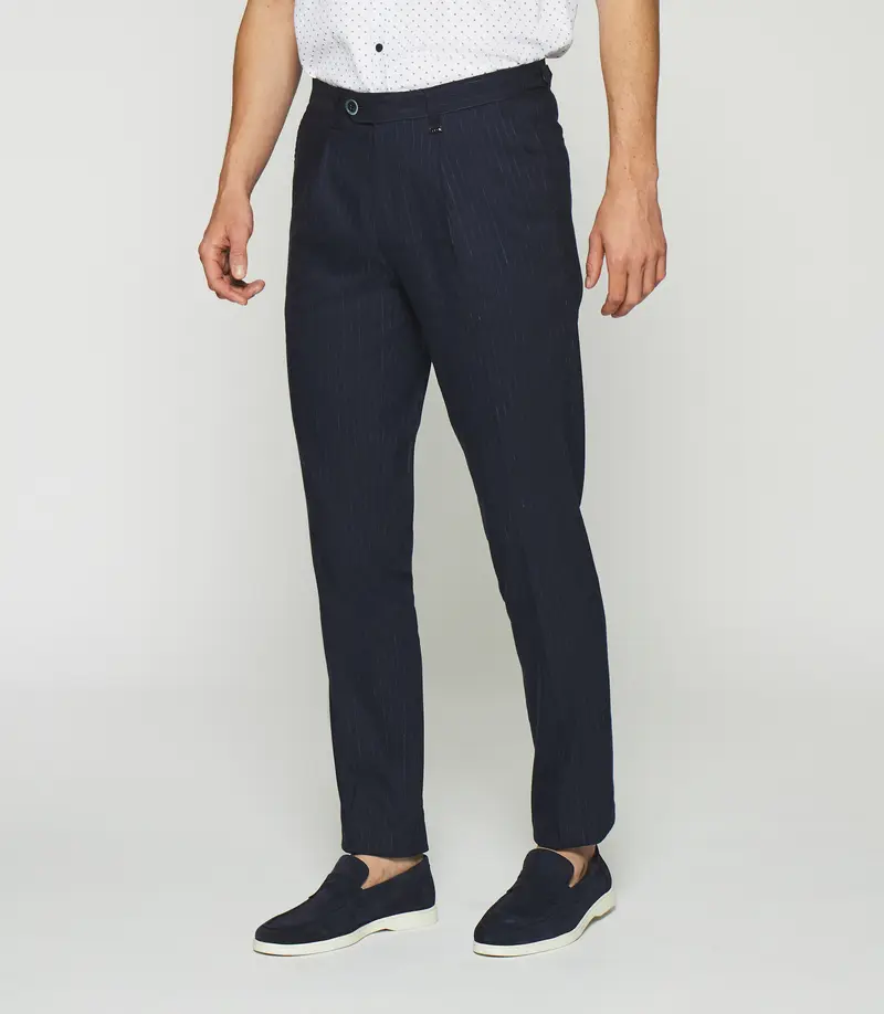 Pantalon chino à rayures en lin bleu marine PLAISANCE