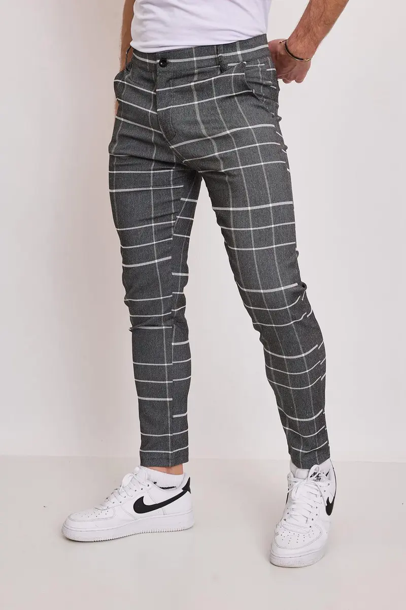 Pantalon Chino gris à carreaux blanc homme fashion