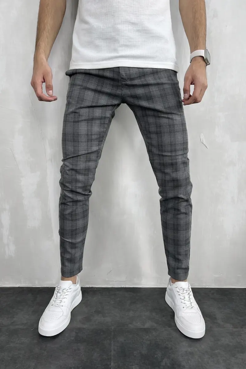 Pantalon chino gris à carreaux confortable homme fashion
