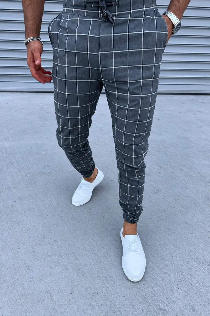 Pantalon chino gris à gros carreaux confortable homme fashion