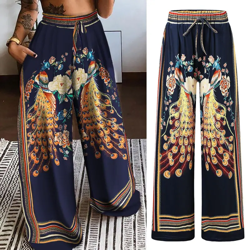 Pantalon Femme Imprimé Paon – Coupe Ample & Style Chic