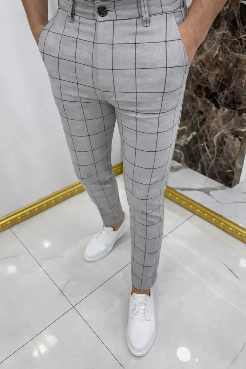Pantalon gris à carreaux slim fashion homme