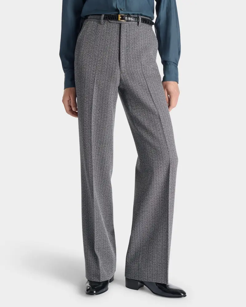 PANTALON LARGE EN SERGÉ DE LAINE VIERGE 4-PLY - GRIS À CHEVRONS ET RAYURES