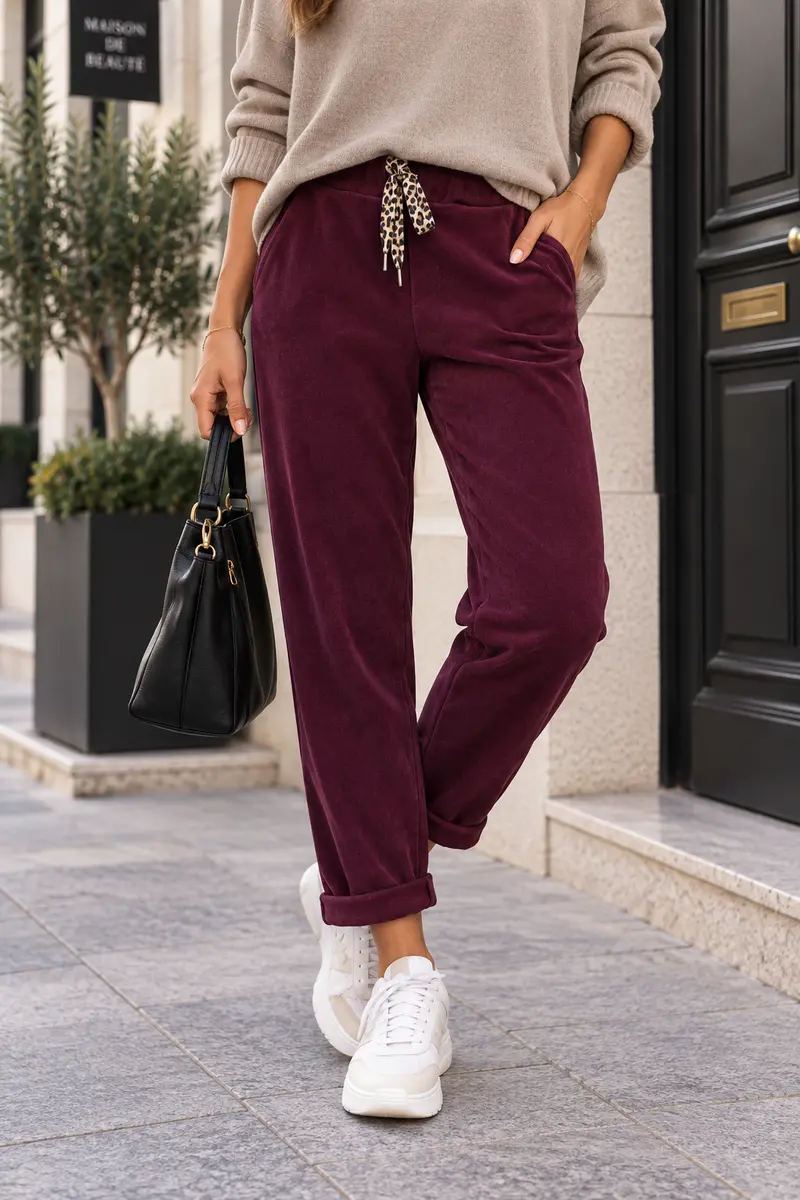 Pantalon velours léopard bordeaux