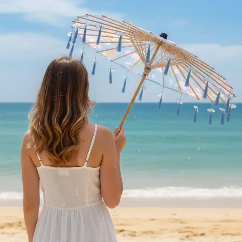 Parapluie Japon Bleu | Fleurs De Cerisier & Finition Franges