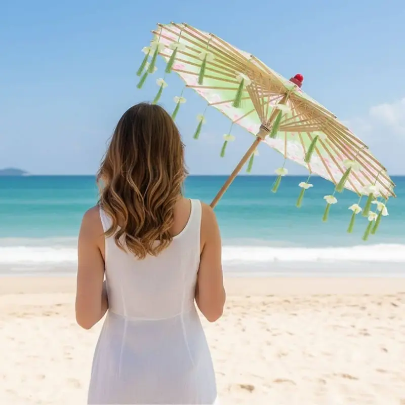 Parapluie Ombrelle Anti Uv Vert | Fleurs De Cerisier & Finition Franges