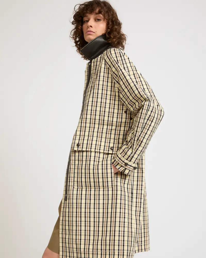 Parka en tissu jacquard motif carreaux avec col en cuir