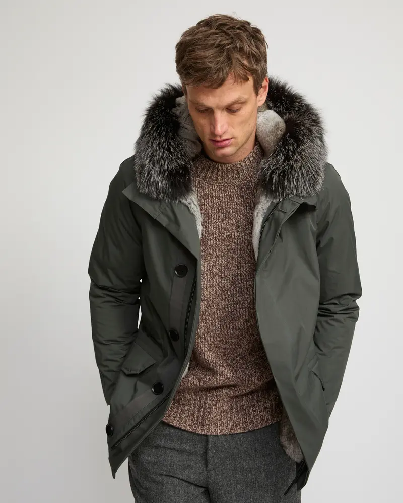 Parka iconique courte en coton mélangé imperméable avec fourrure de renard et lapin