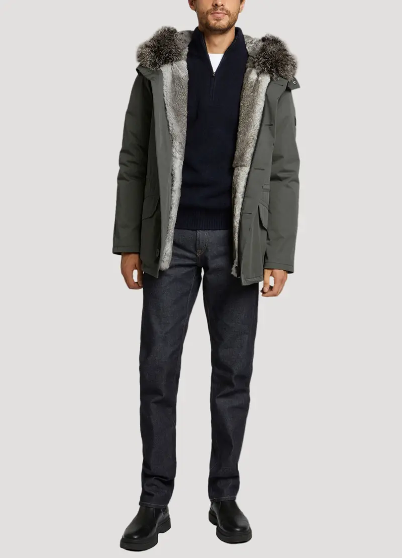 Parka iconique courte en coton mélangé imperméable avec fourrure de renard et lapin