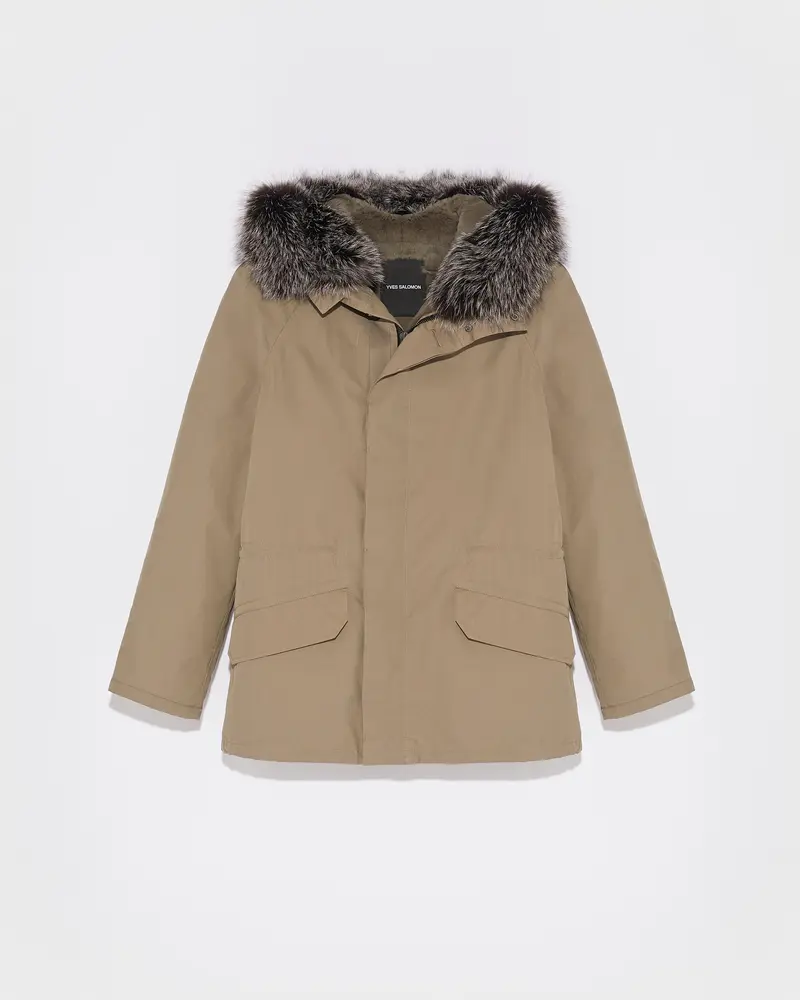 Parka iconique courte en coton mélangé imperméable avec fourrure de renard et lapin