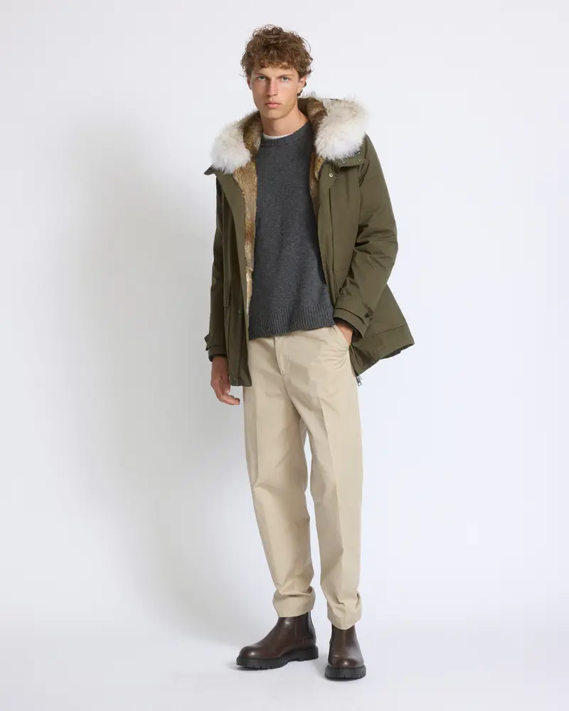 Parka in cotton blend with coyote and rabbit fur
