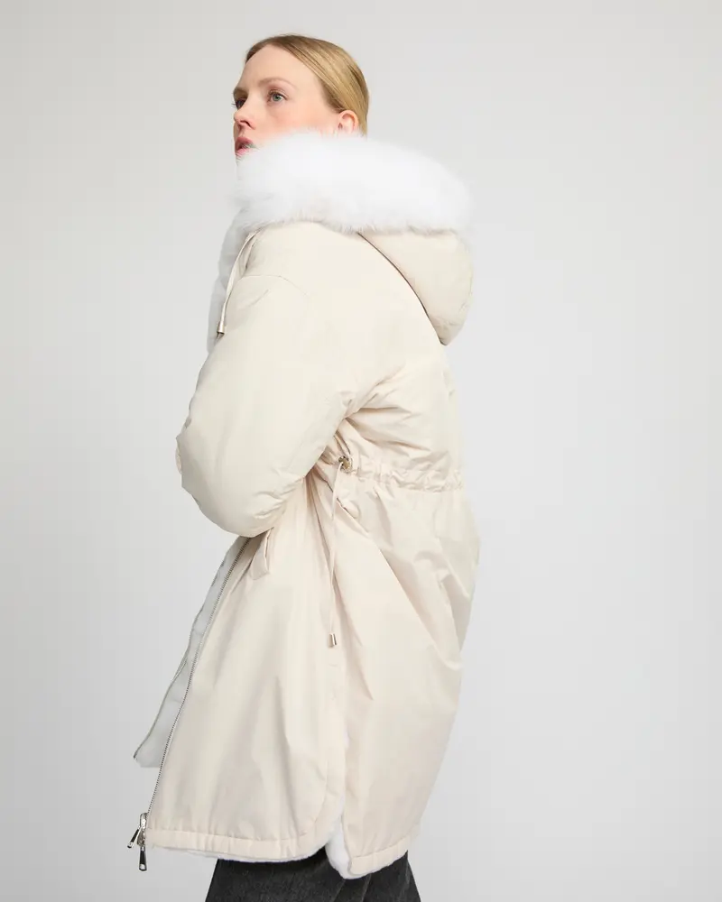 Parka longue réversible en tissu technique déperlant avec fourrure de renard et de lapin rex