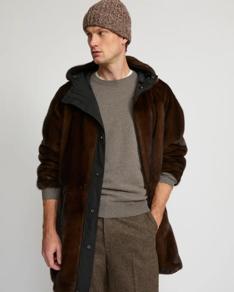 Parka longue réversible en tissu technique déperlant avec fourrure de vison