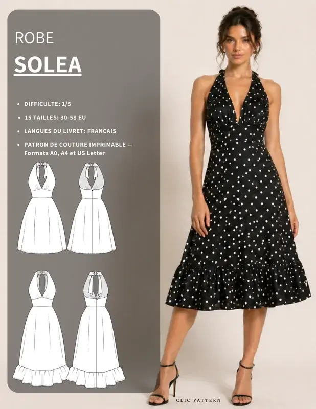 Patron PDF Robe courte ou midi SOLEA femme du 30 au 58