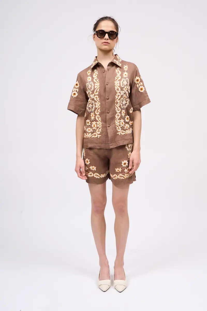 Paul & Joe Hand-embroidered ramie shorts CARIBOU