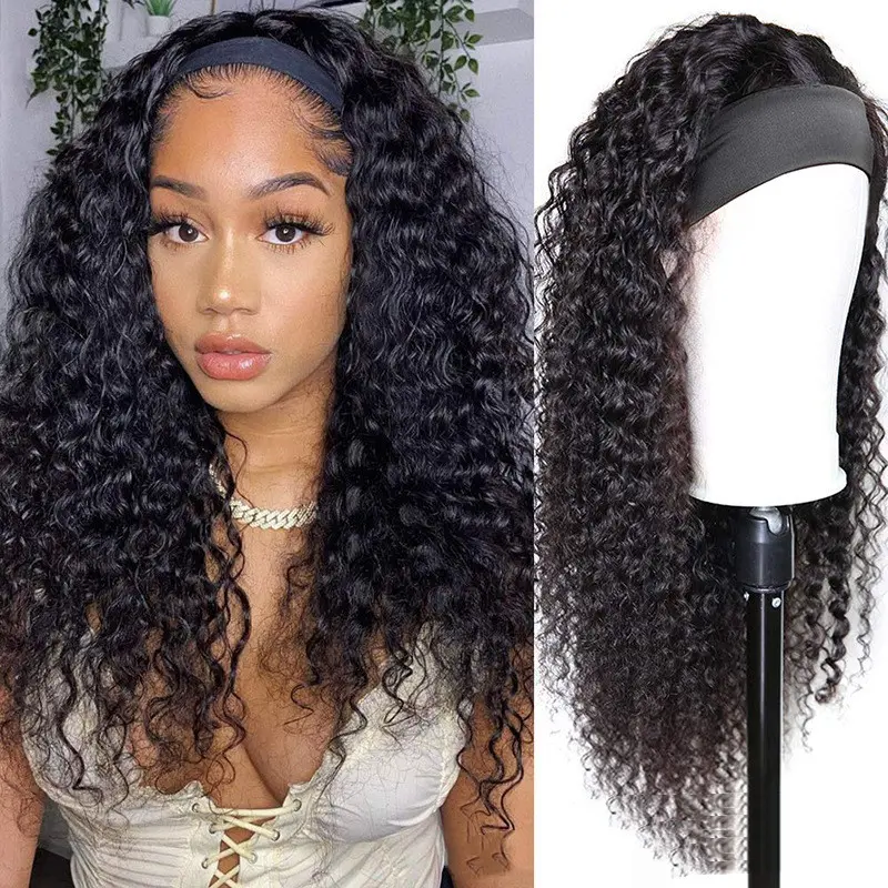 Perruque bouclée en cheveux naturels avec turban