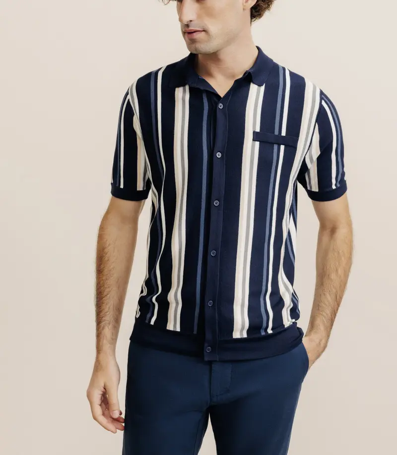Polo boutonné en maille rayé marine