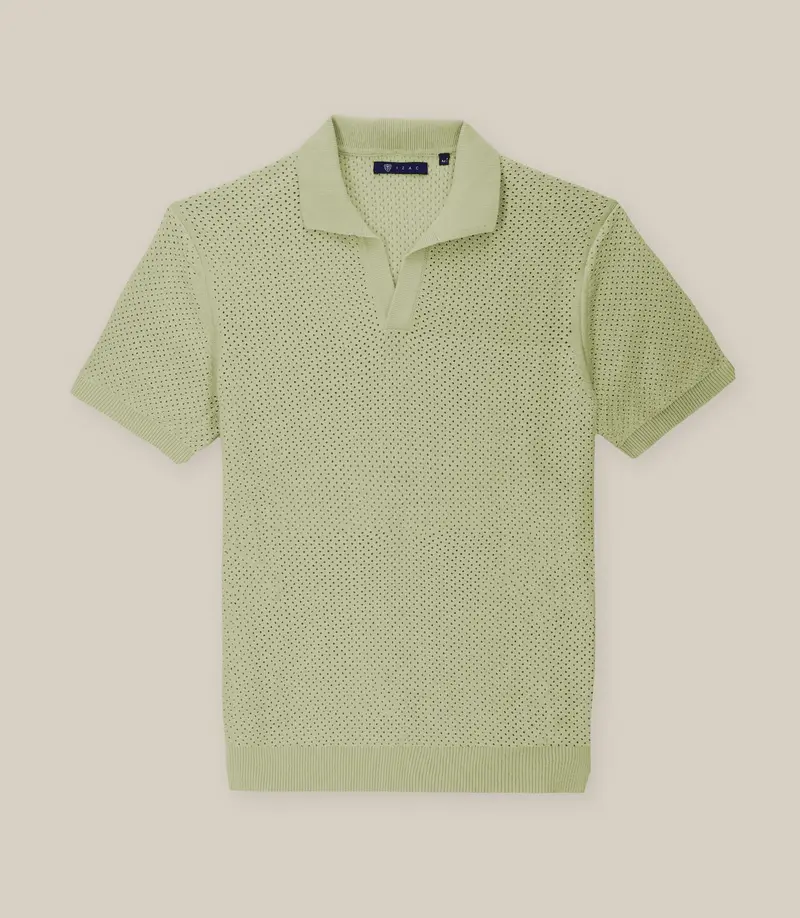 Polo col ouvert en maille ajouré kaki clair