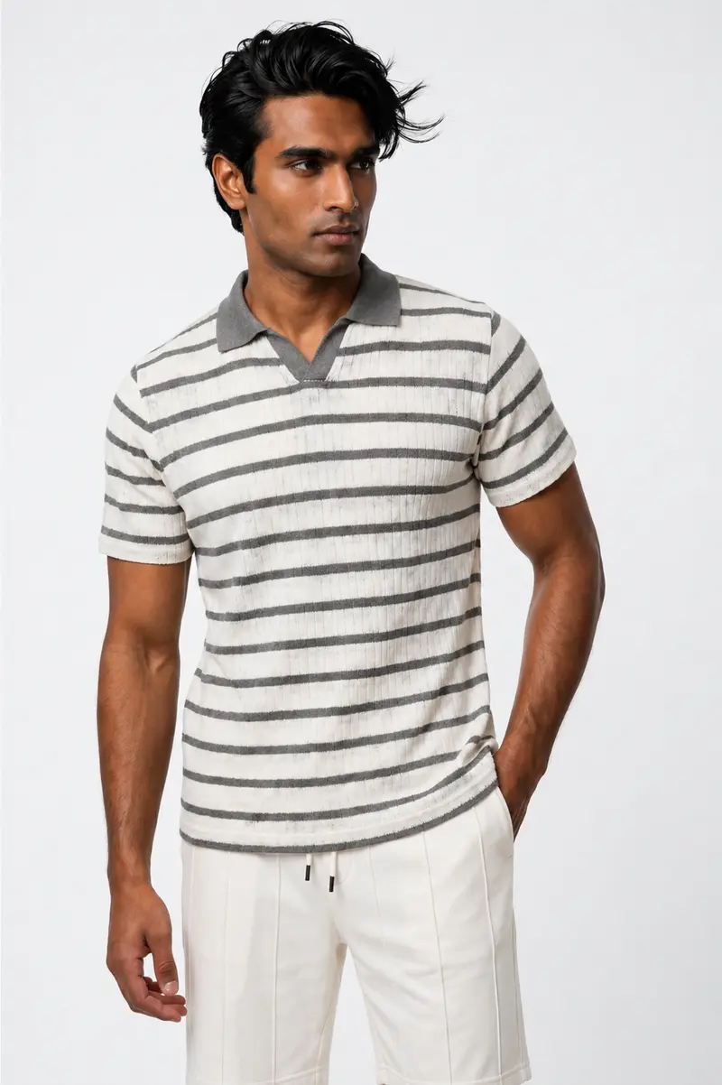 Polo homme blanc à rayures grises