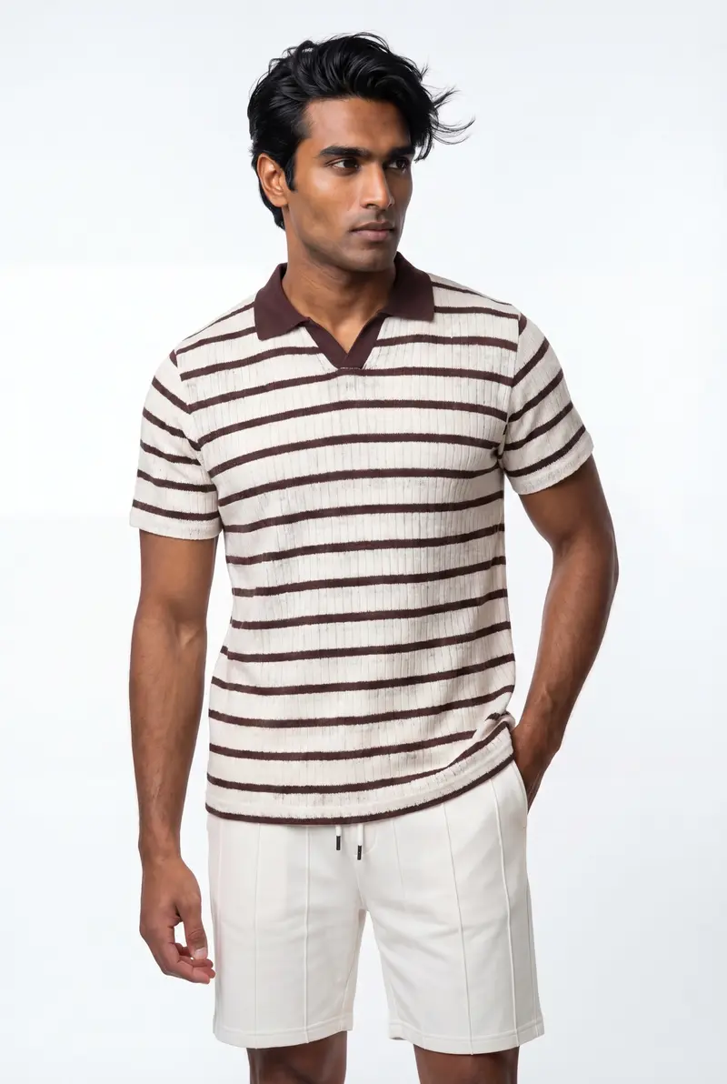 Polo homme blanc à rayures marrons