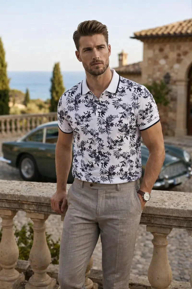 Polo homme Blanc imprimé floral noir
