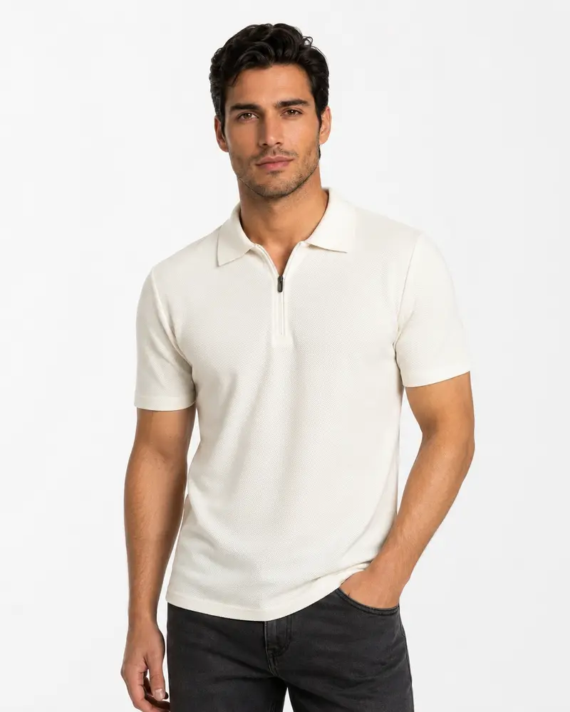 Polo homme blanc zippé texturé
