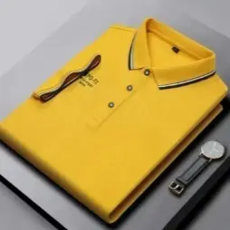 Polo Homme Col Lapiné Soie Glacée Manches Courtes Vêtement de Travail Été – Jaune S–4XL