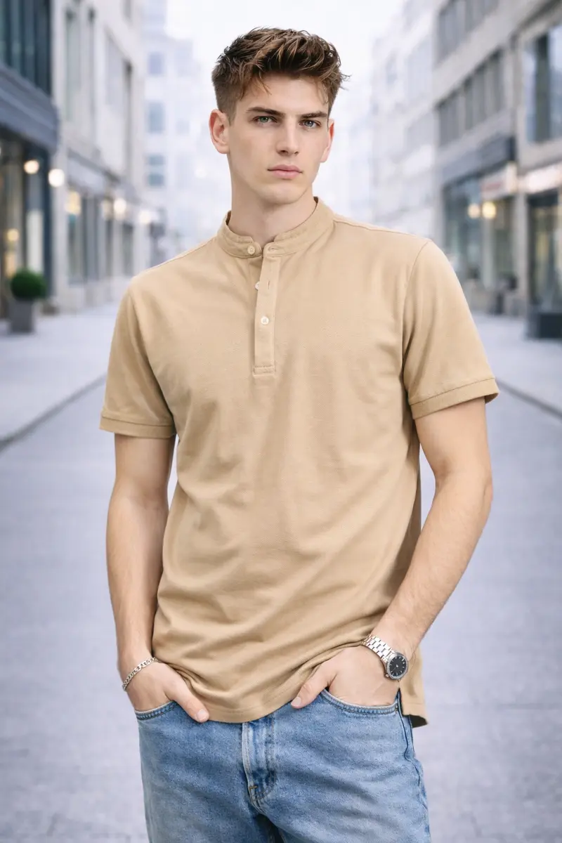 Polo homme col mao beige