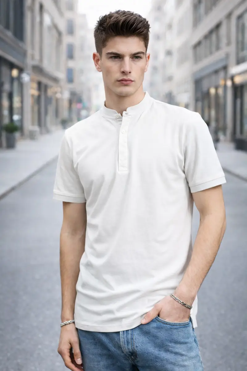 Polo homme col mao Blanc