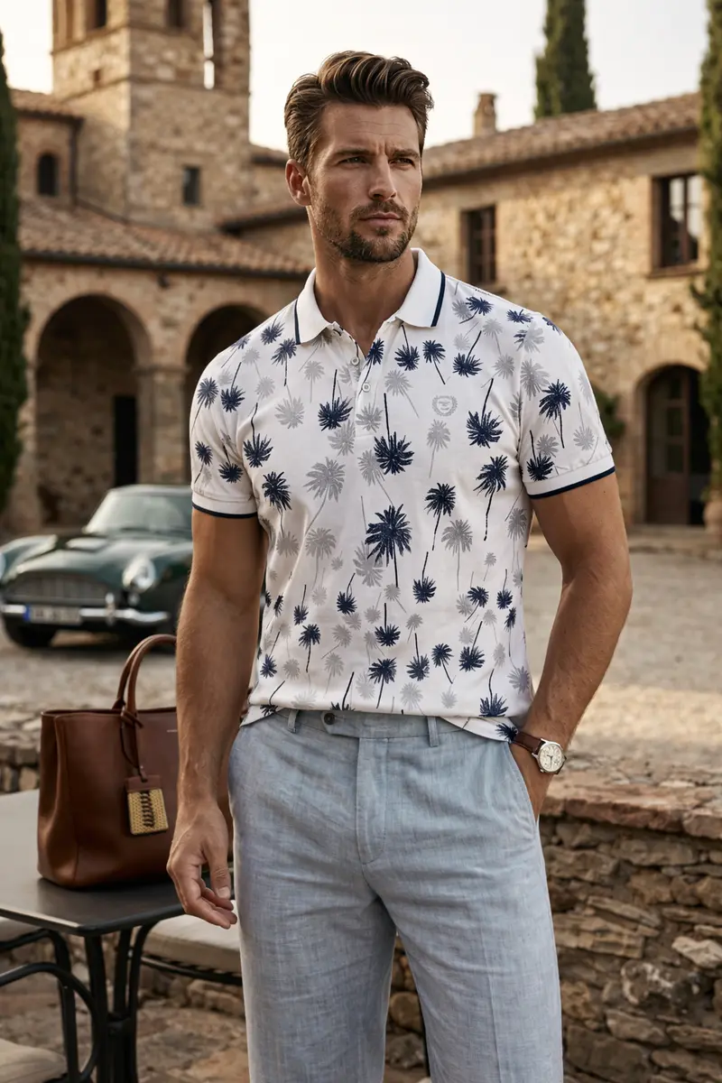 Polo homme imprimé palmiers bleu & gris