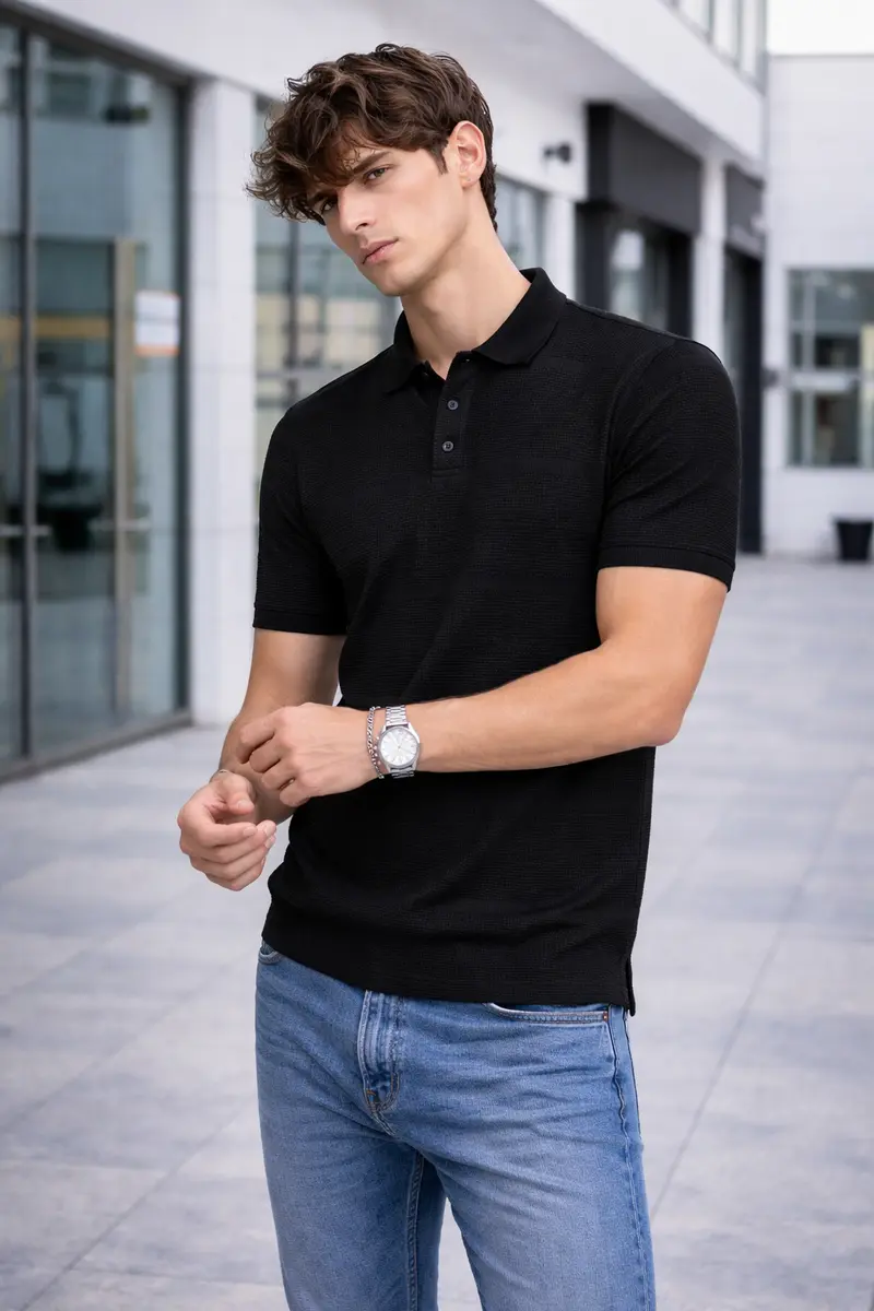 Polo homme maille texturée noir