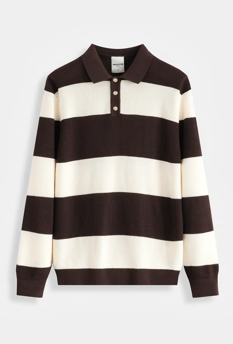 Polo homme manches longues en maille côtelée à larges rayures, style rugby, col polo 3 boutons
