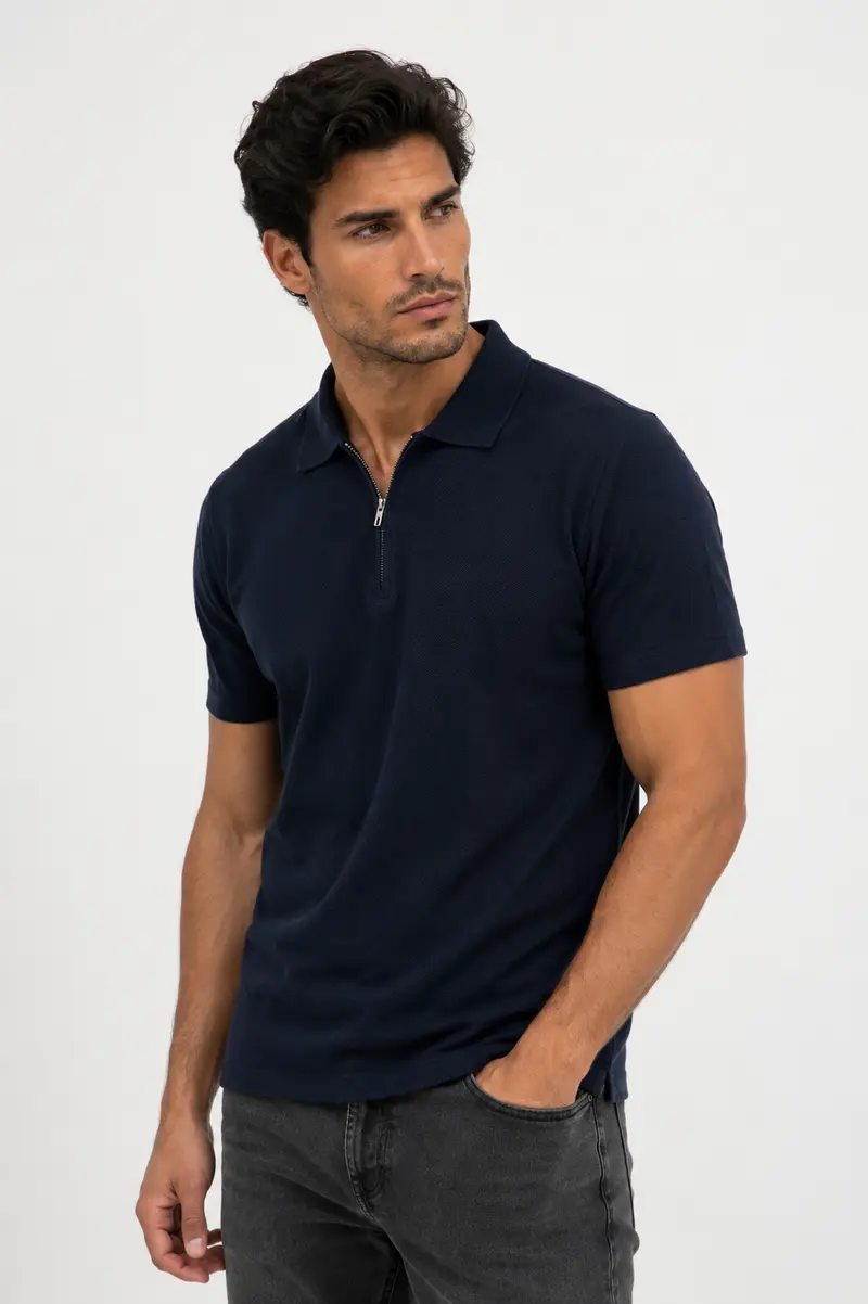 Polo homme marine zippé texturé