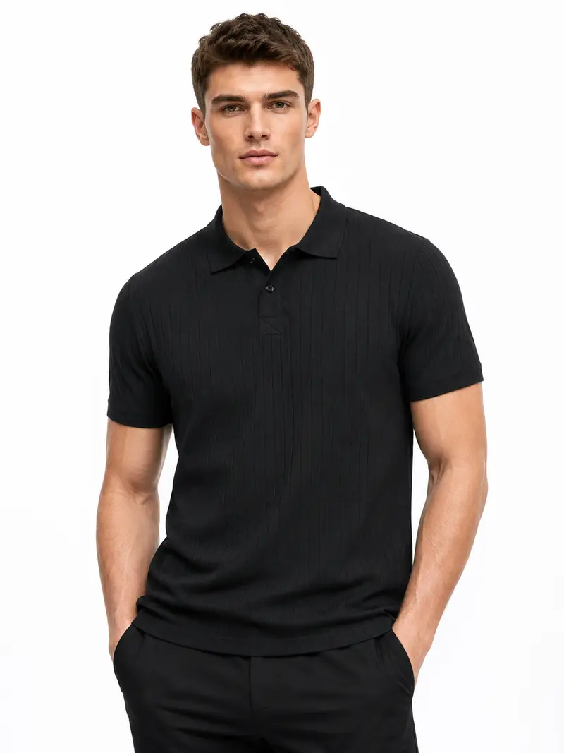 Polo homme noir texturé à col classique