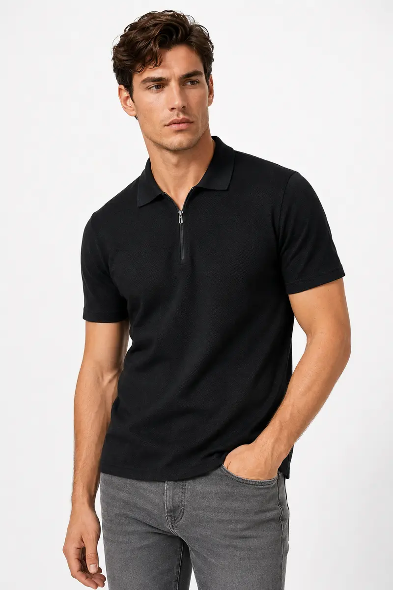 Polo homme noir zippé texturé