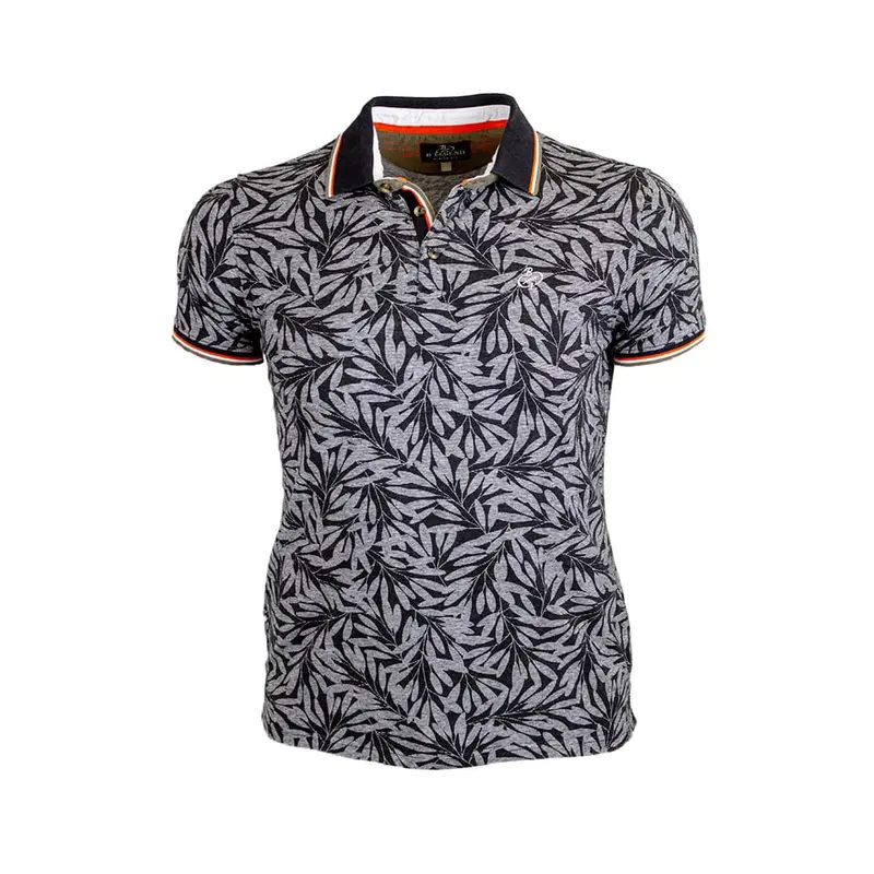 Polo noir imprimé feuilles tropicales