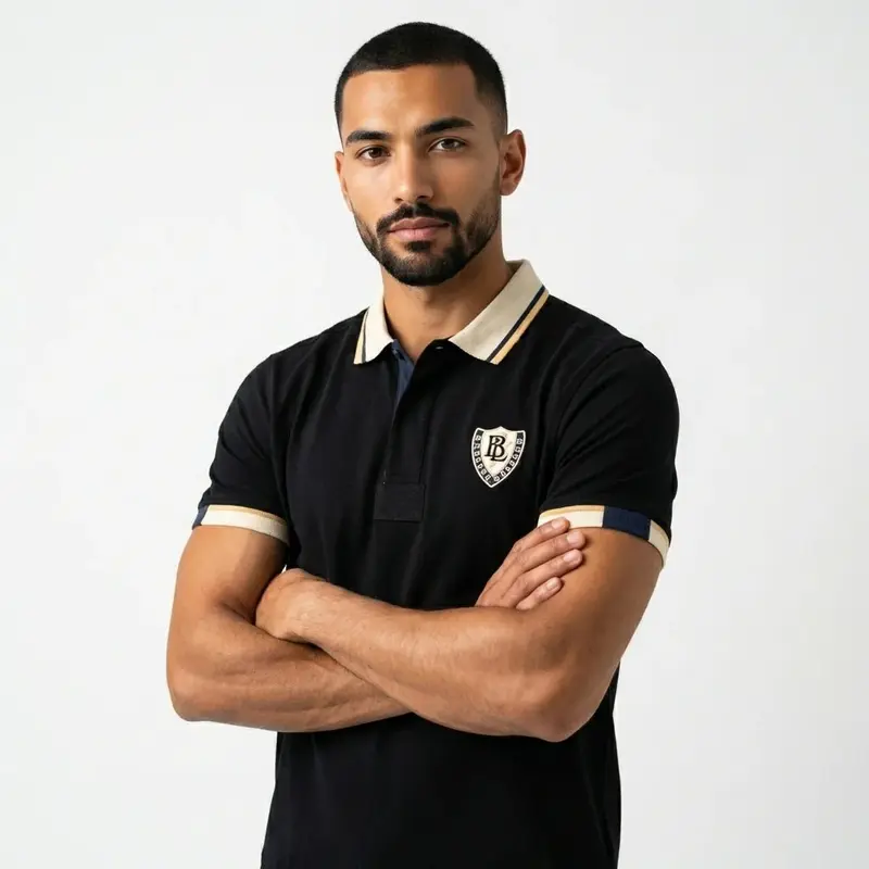 Polo noir jersey peau de pêche