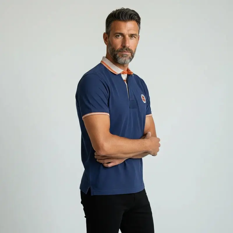 Polo slub bleu indigo col contrasté