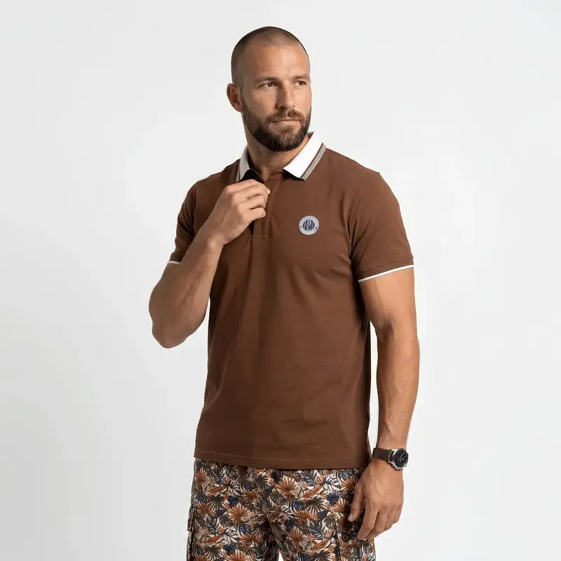 Polo slub marron col contrasté