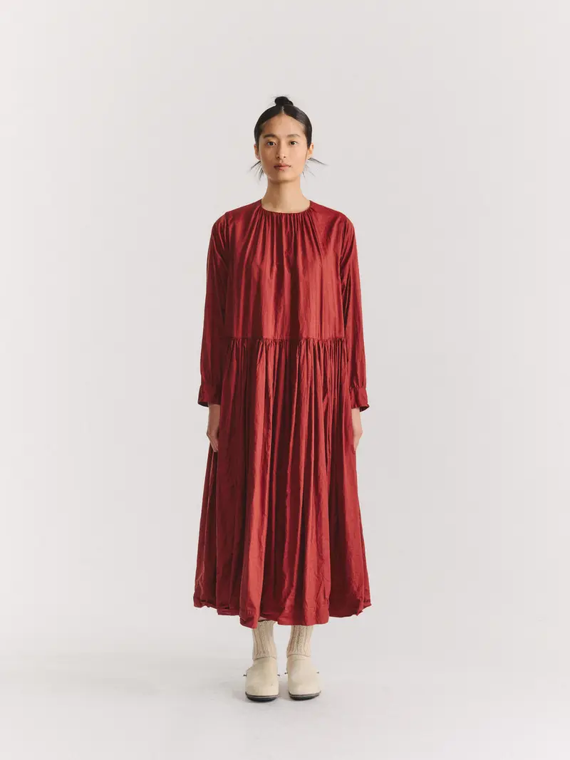 POMME RUCHEE DRESS - TWIL COT SILK - BRICK