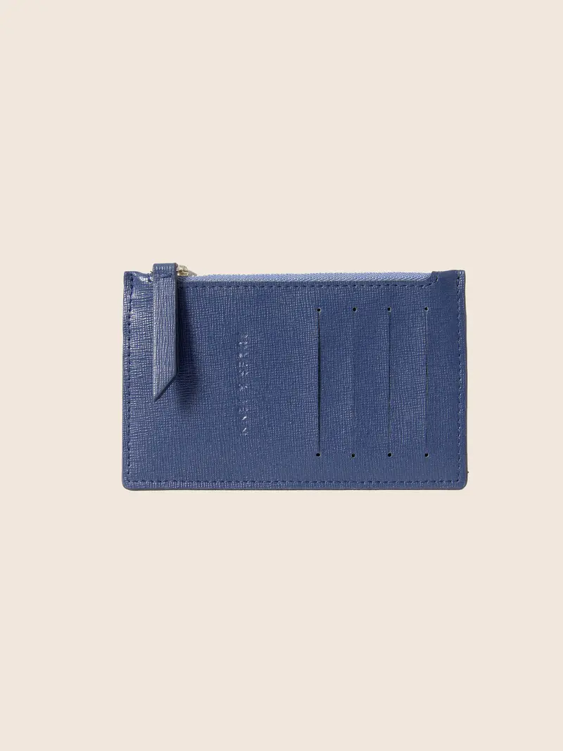 Porte-cartes zippé cuir bleu