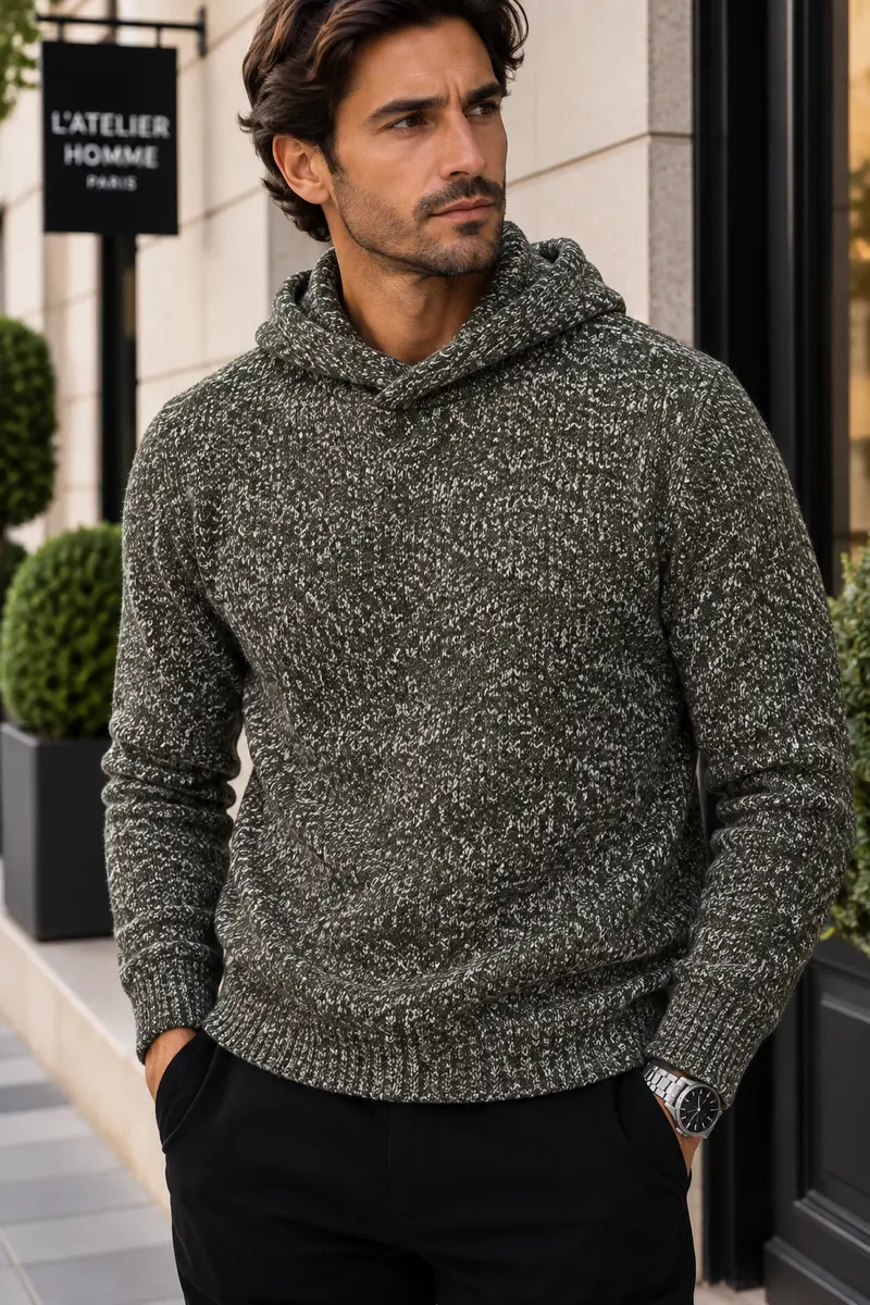 Pull à capuche LIANO kaki et blanc chiné du M au 2XL