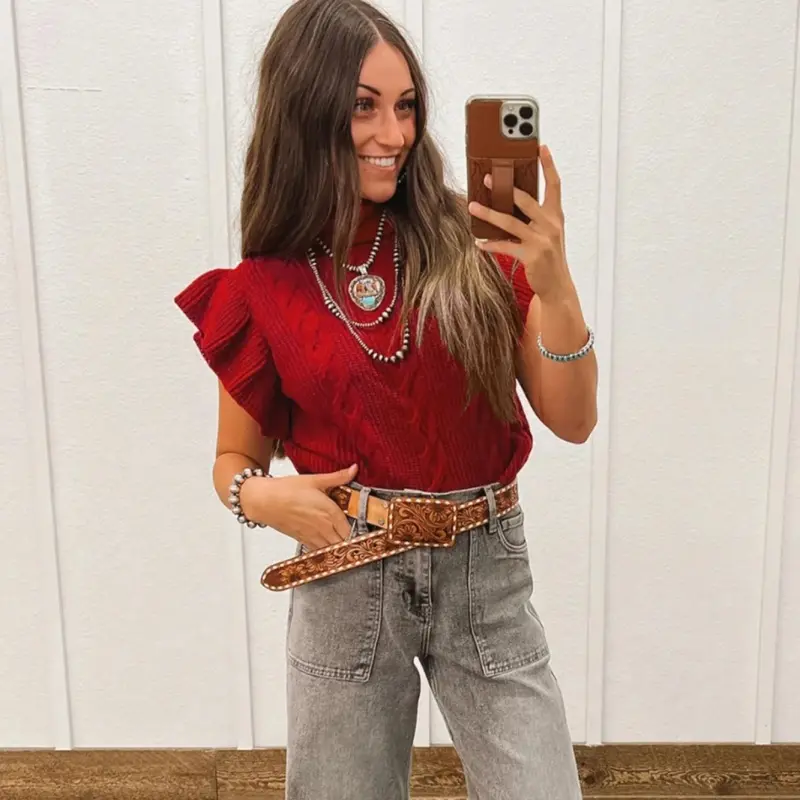 Pull à Col Roulé en Maille – Manches Courtes à Volants | Femme