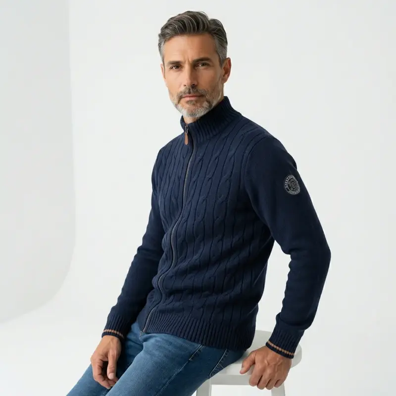 Pull bleu full zip torsadé
