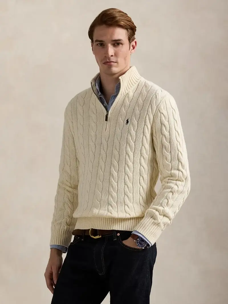Pull camionneur torsadé Ralph Lauren beige en coton